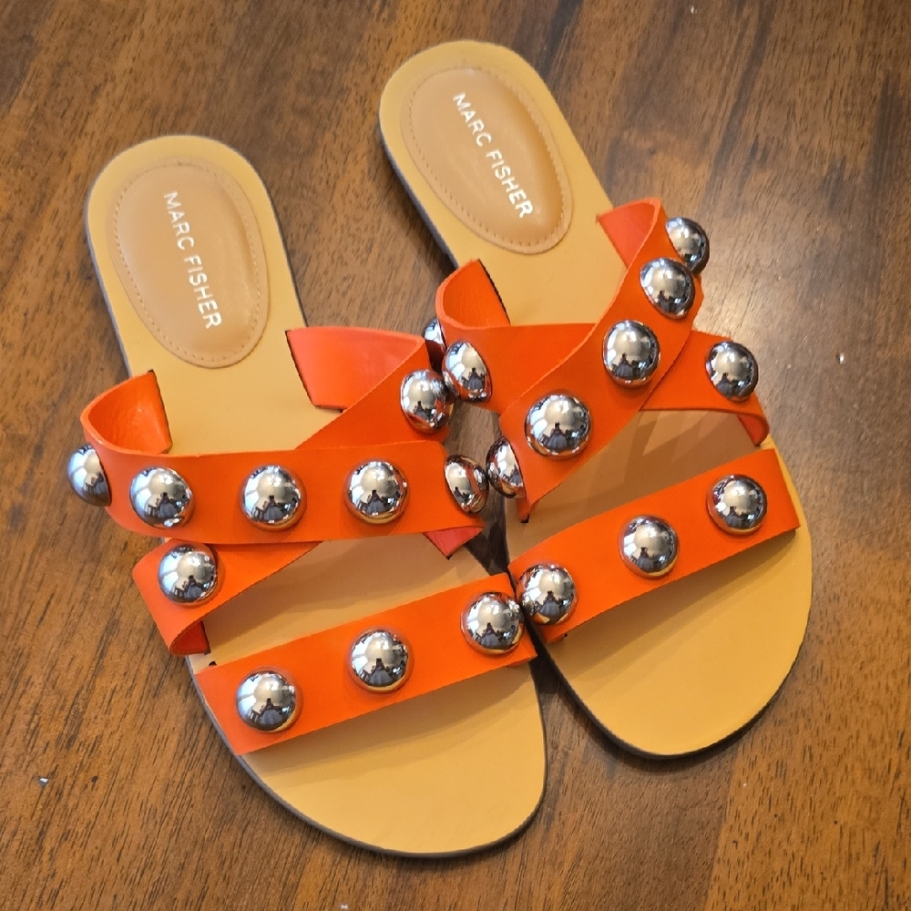 Marc Fisher Bold Orange Sandals with Silver Accents 8.5